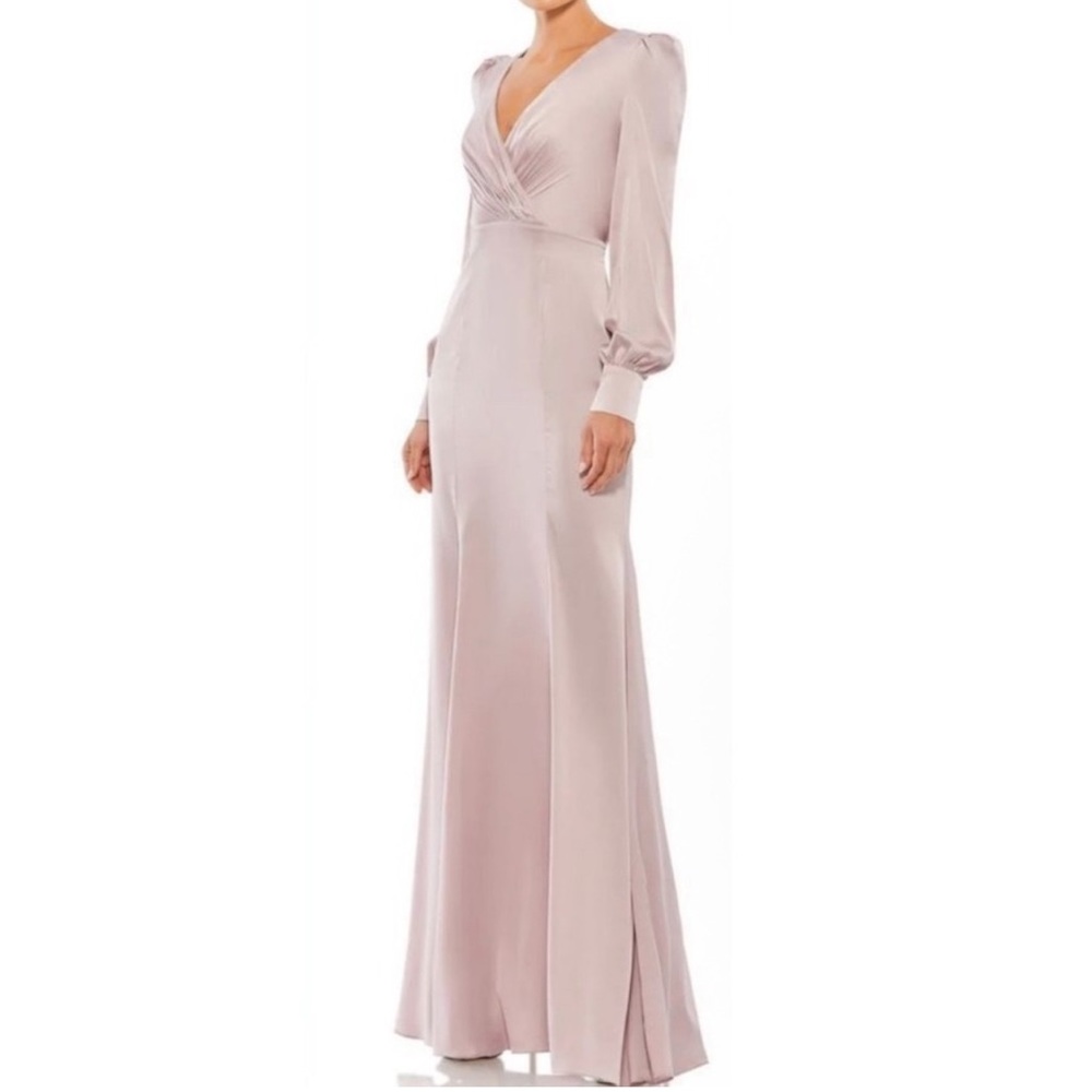 IEENA for Mac Duggal Rose Pink Satin Ruched Bishop Sleeve Maxi Gown - Reemoly